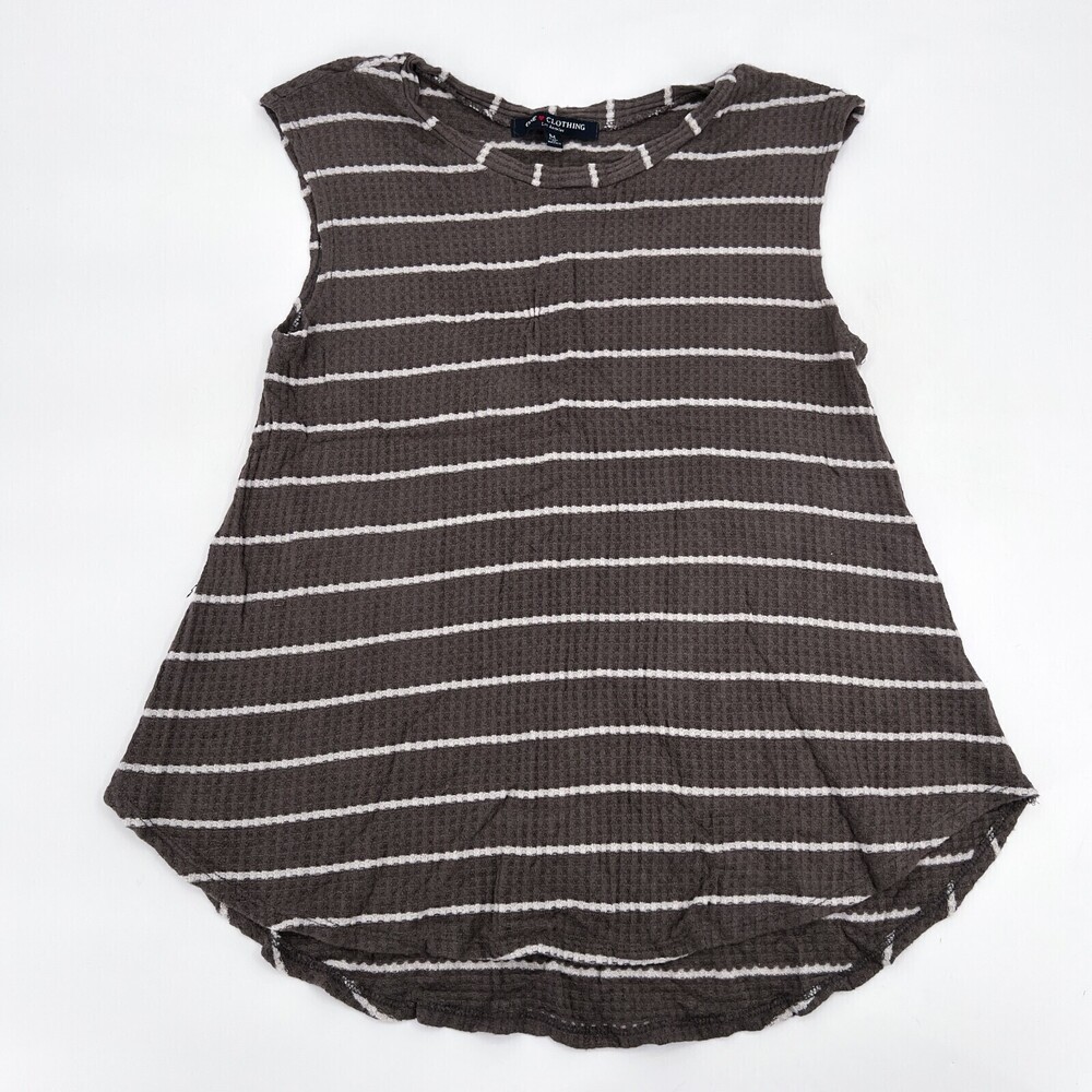 One Clothing Shirt Womens Medium Brown Striped Sleeveless Pullover Waffle Knit